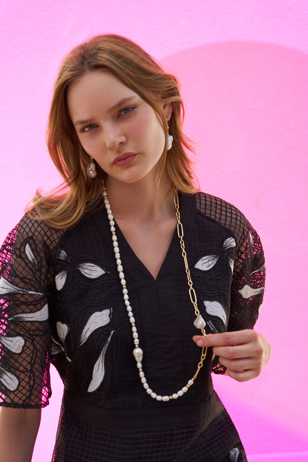 A-Line Dress - Floral Applique Bell Sleeve Grid Woven