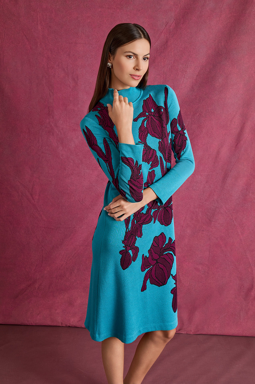 A-Line Floral Jacquard Soft Knit Midi Dress