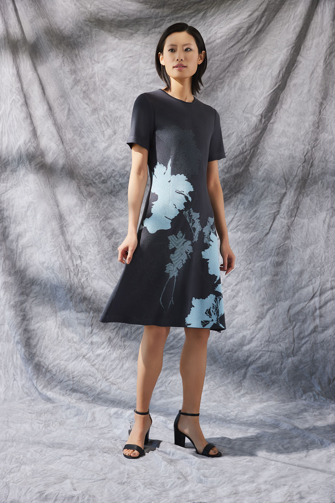 A-Line Floral Jacquard Soft Knit Midi Dress