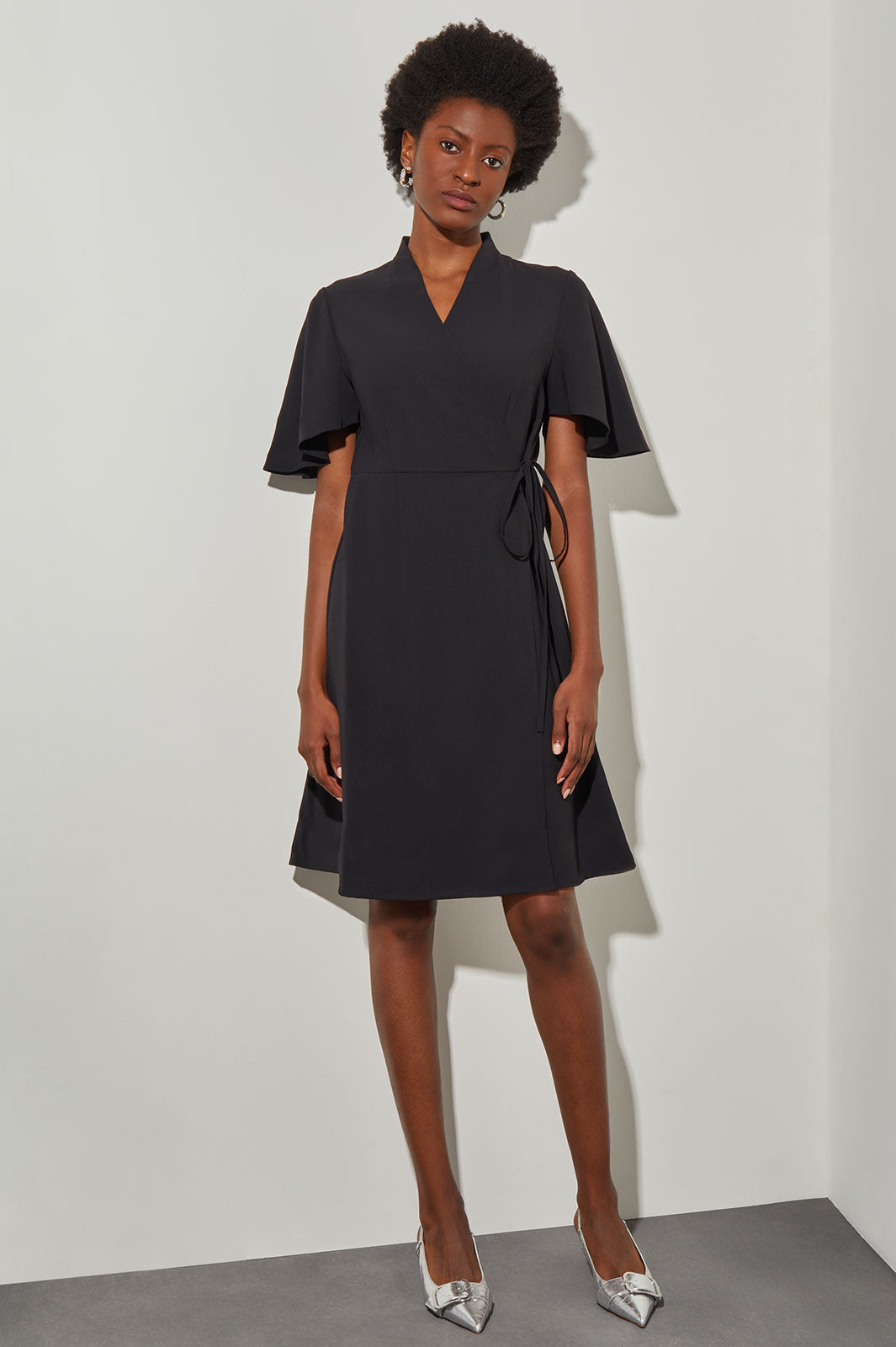 Butterfly Sleeve Crepe de Chine Wrap Dress, Black