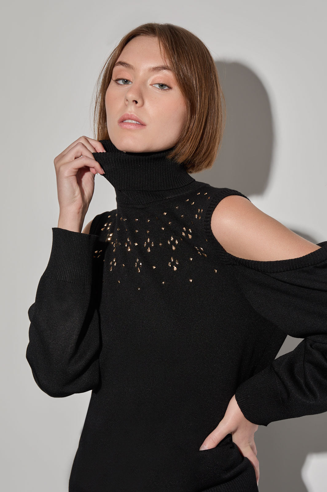Cold Shoulder Soft Knit Stud Detail Turtleneck