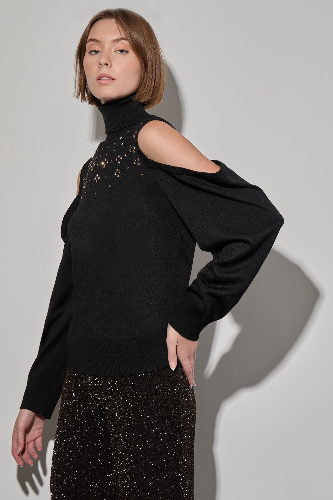 Cold Shoulder Soft Knit Stud Detail Turtleneck