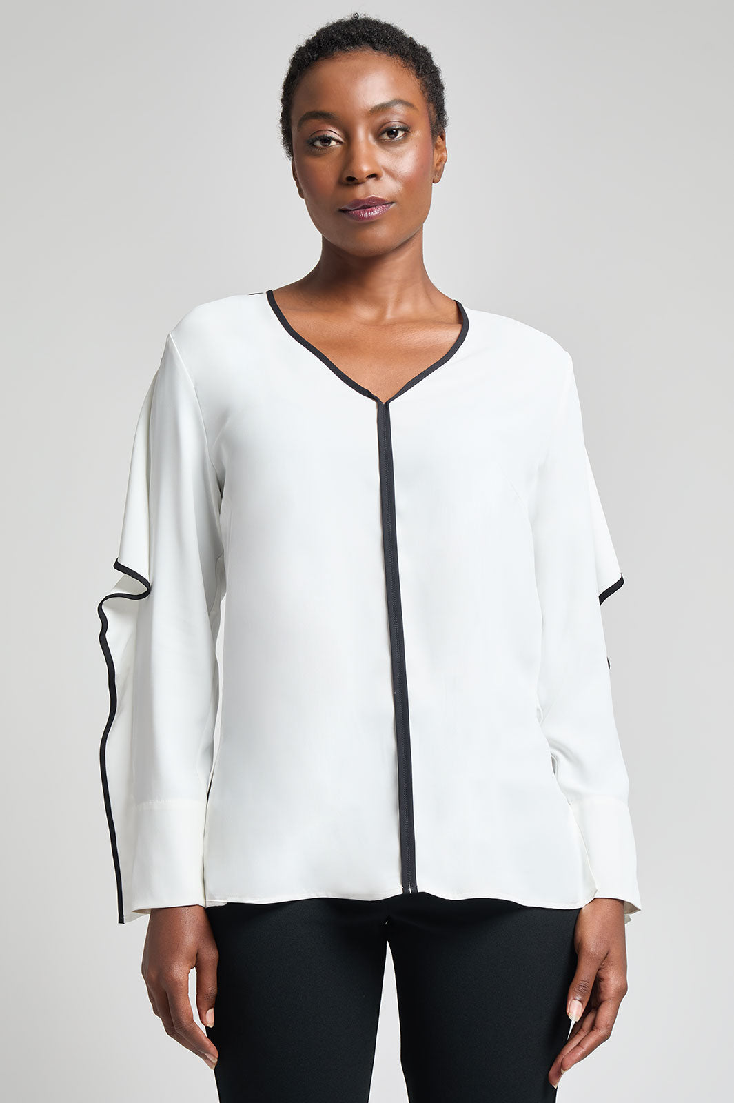 Contrast Trim Crepe de Chine Ruffle Sleeve Blouse