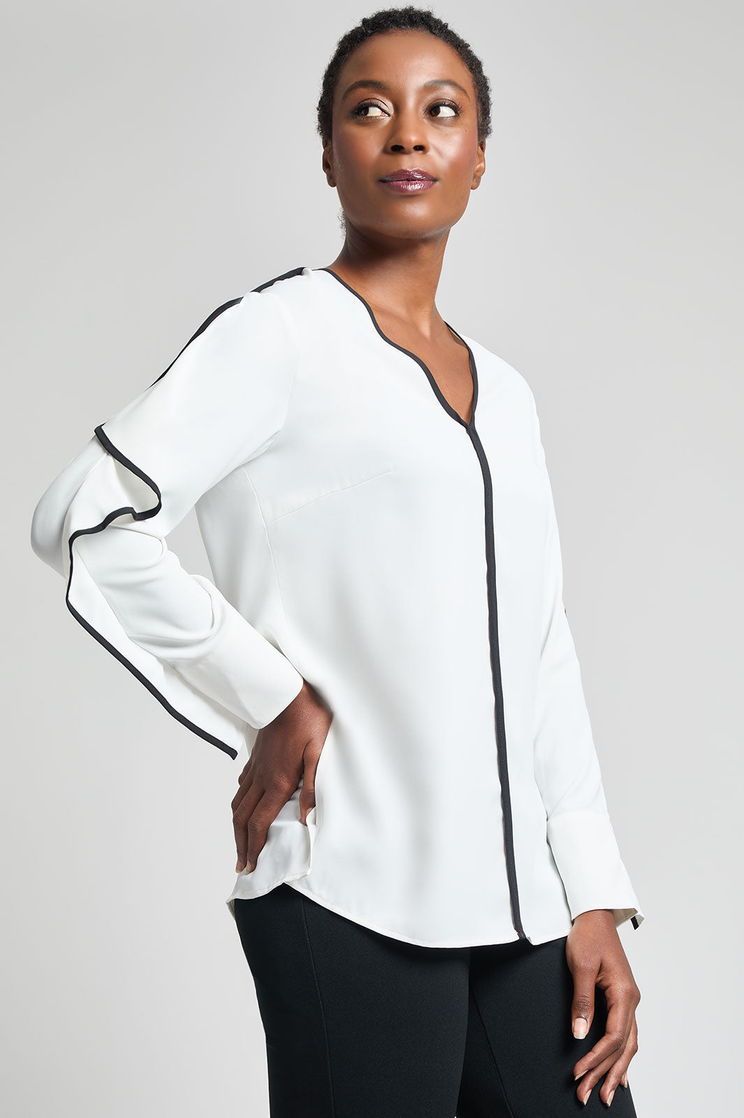 Contrast Trim Crepe de Chine Ruffle Sleeve Blouse