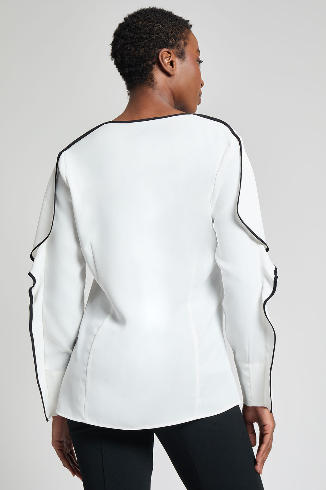 Contrast Trim Crepe de Chine Ruffle Sleeve Blouse