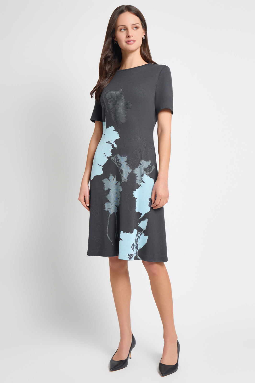 A-Line Floral Jacquard Soft Knit Midi Dress
