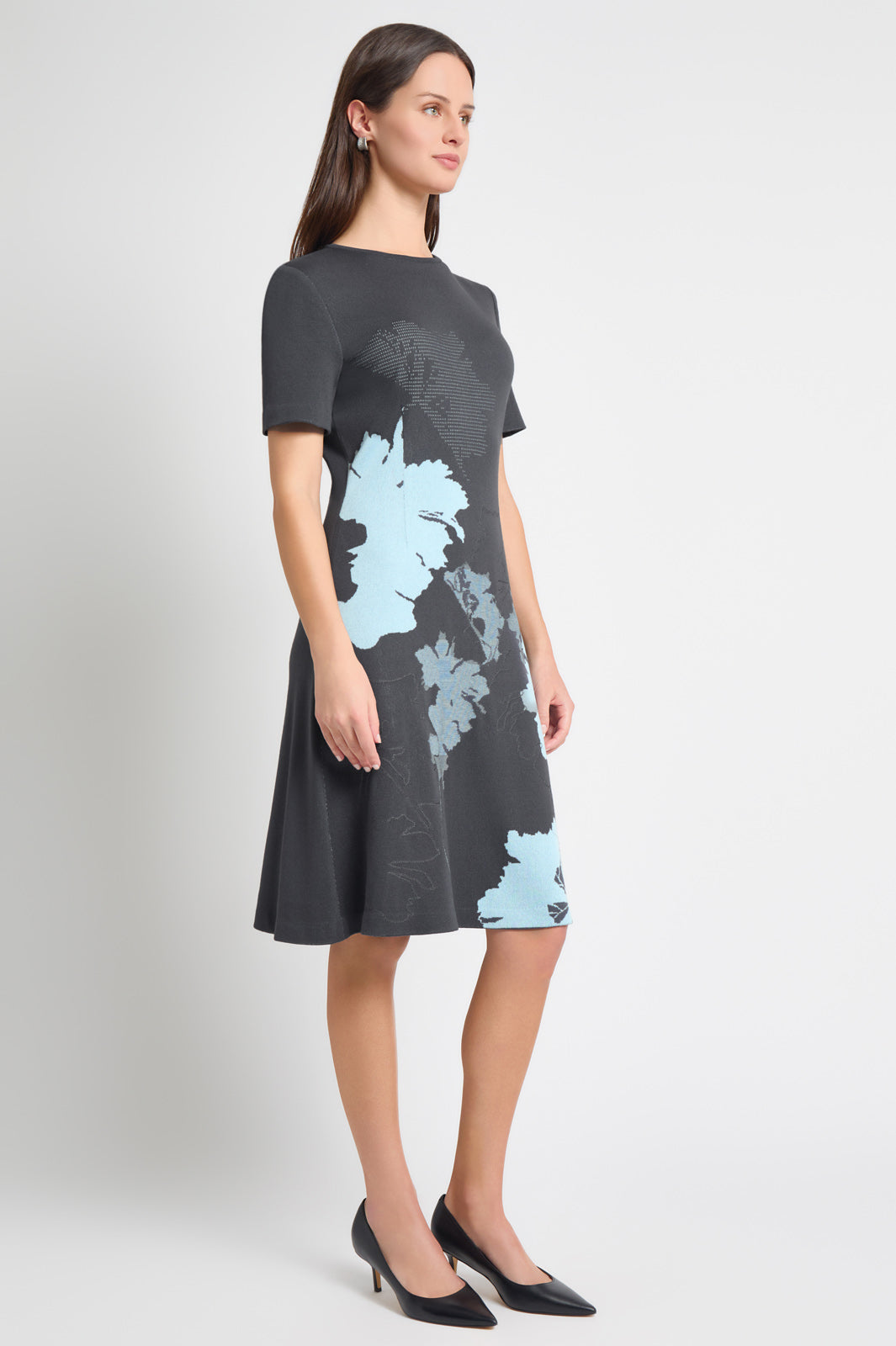 A-Line Floral Jacquard Soft Knit Midi Dress