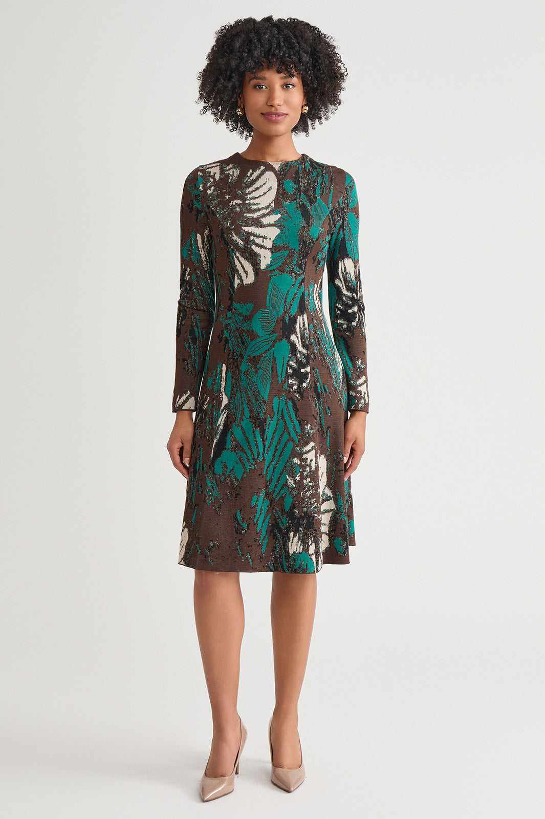 A-Line Floral Jacquard Soft Knit Midi Dress