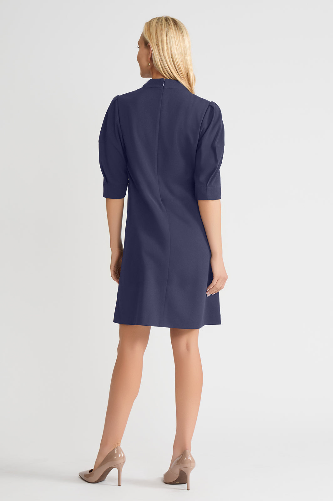 A-Line Stretch Deco Crepe Knee Length Dress, Indigo