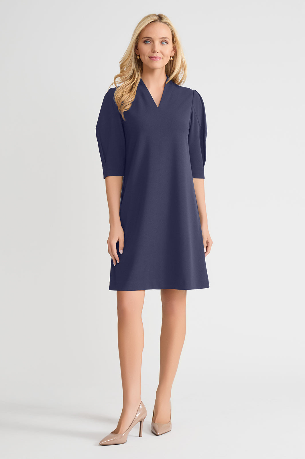A-Line Stretch Deco Crepe Knee Length Dress, Indigo