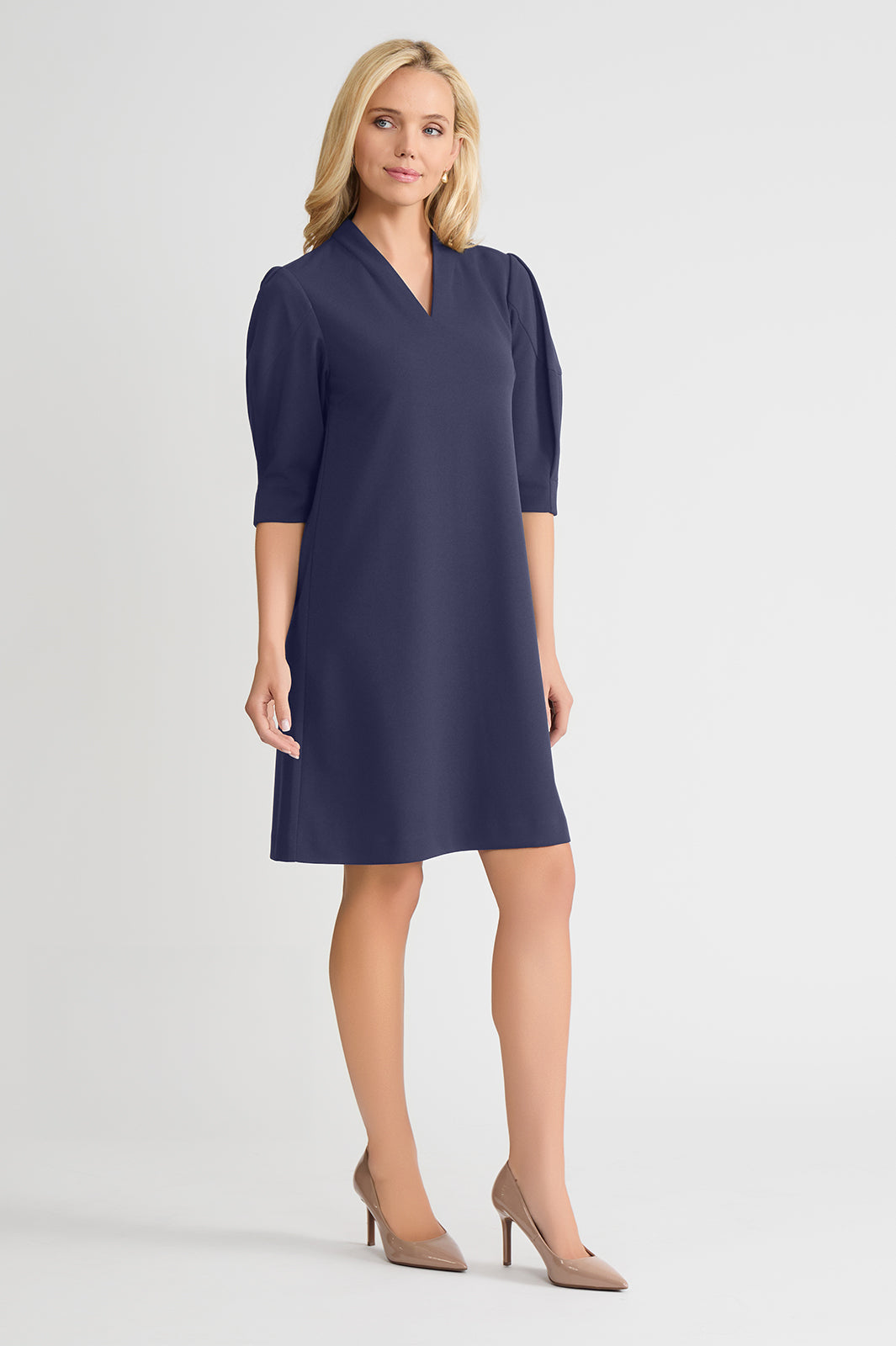 A-Line Stretch Deco Crepe Knee Length Dress, Indigo