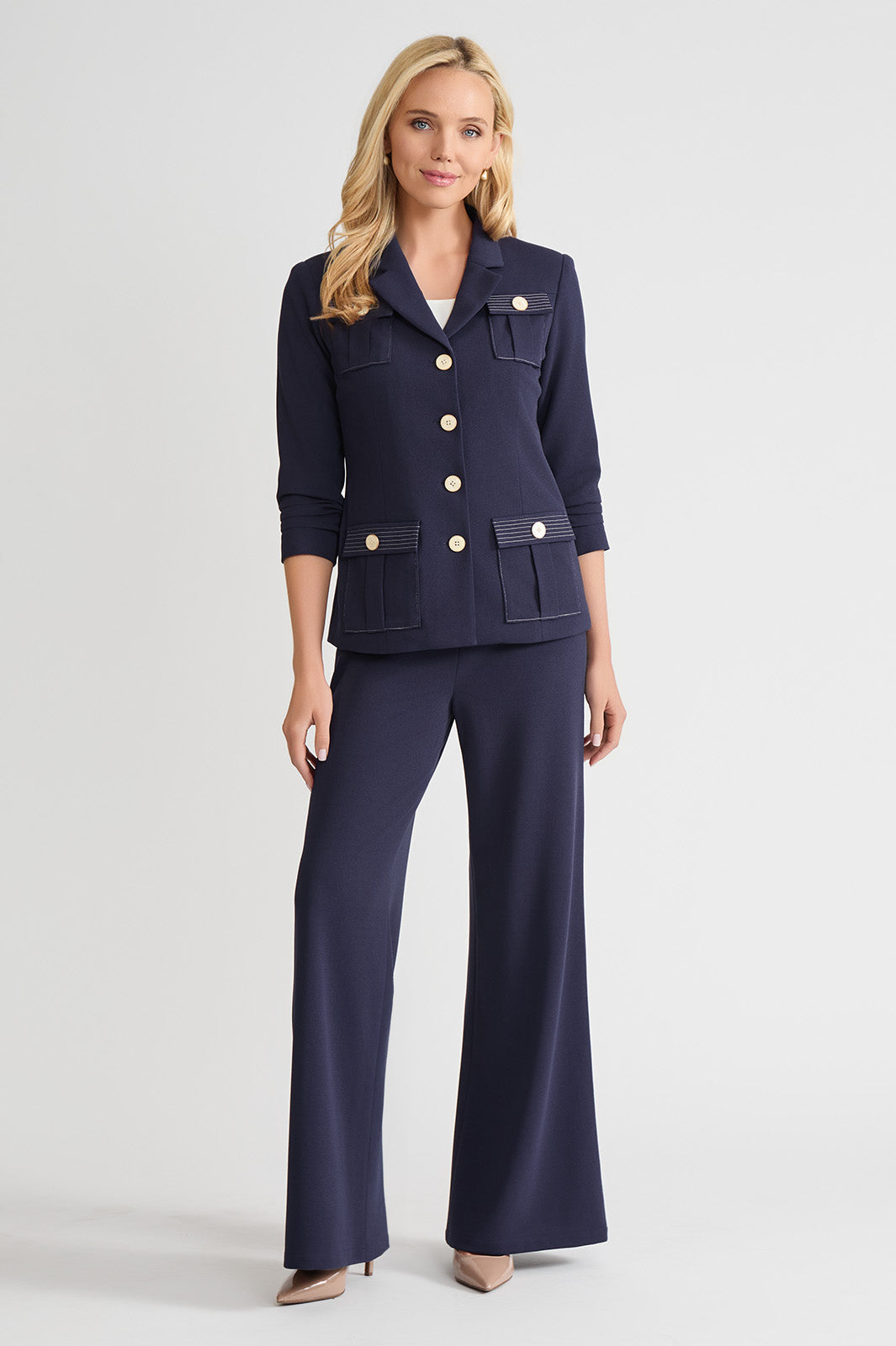 Heritage Stretch Deco Crepe Scrunch Sleeve Jacket, Indigo