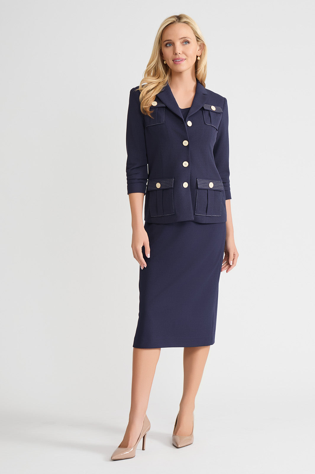 Heritage Stretch Deco Crepe Scrunch Sleeve Jacket, Indigo