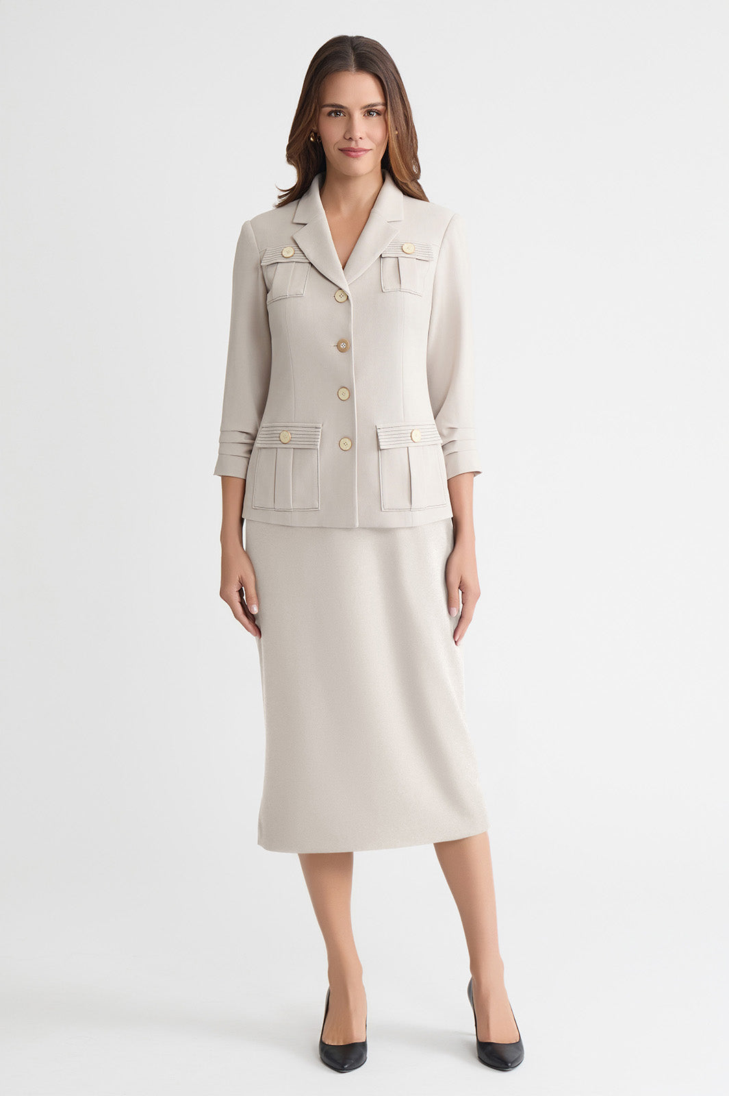 Heritage Stretch Deco Crepe Scrunch Sleeve Jacket, Limestone