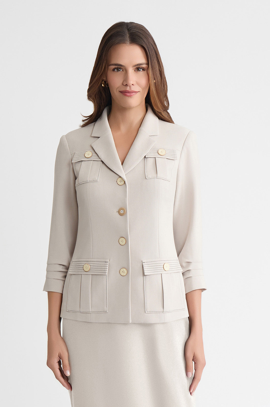 Heritage Stretch Deco Crepe Scrunch Sleeve Jacket, Limestone