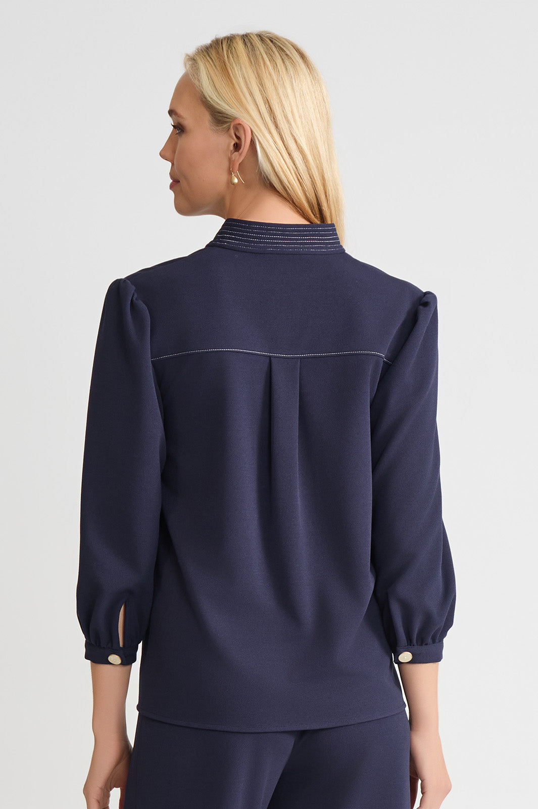 Stretch Deco Crepe Balloon Sleeve Blouse, Indigo