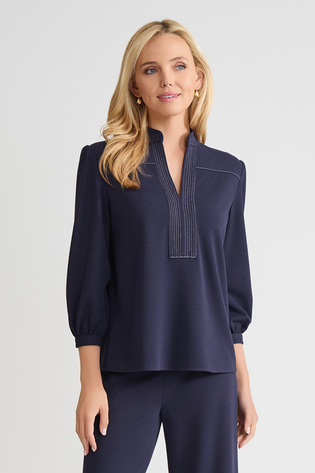 Stretch Deco Crepe Balloon Sleeve Blouse, Indigo