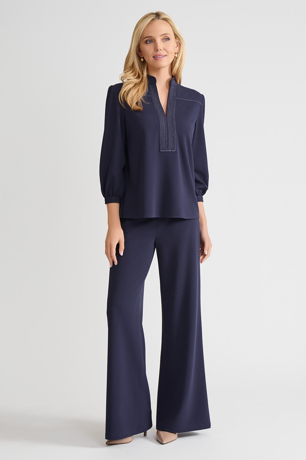 Stretch Deco Crepe Balloon Sleeve Blouse, Indigo