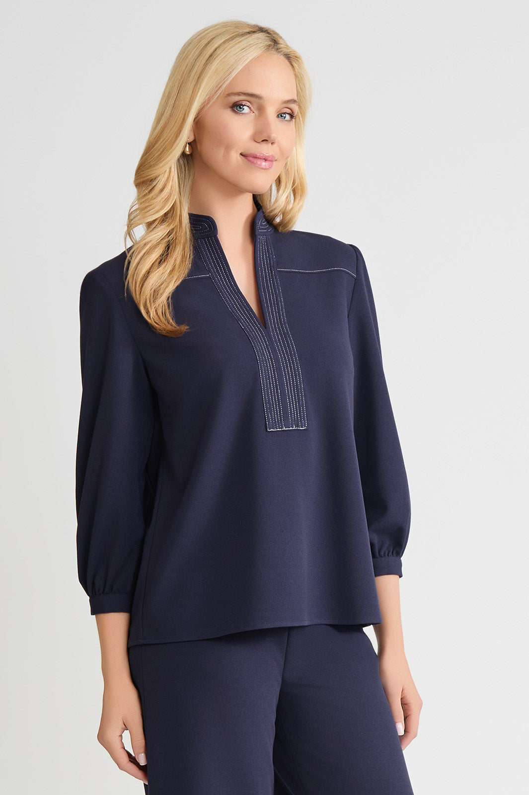 Stretch Deco Crepe Balloon Sleeve Blouse, Indigo