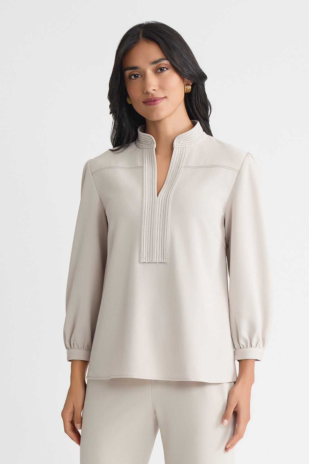 Stretch Deco Crepe Balloon Sleeve Blouse, Limestone