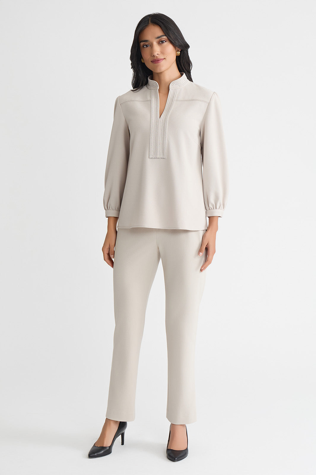 Stretch Deco Crepe Balloon Sleeve Blouse, Limestone