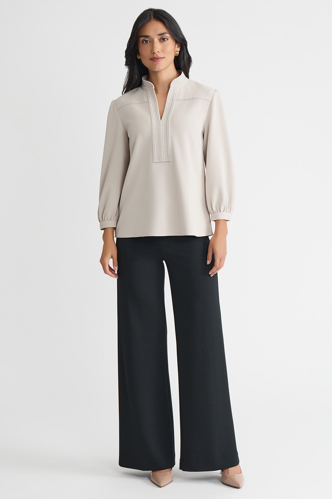 Stretch Deco Crepe Balloon Sleeve Blouse, Limestone