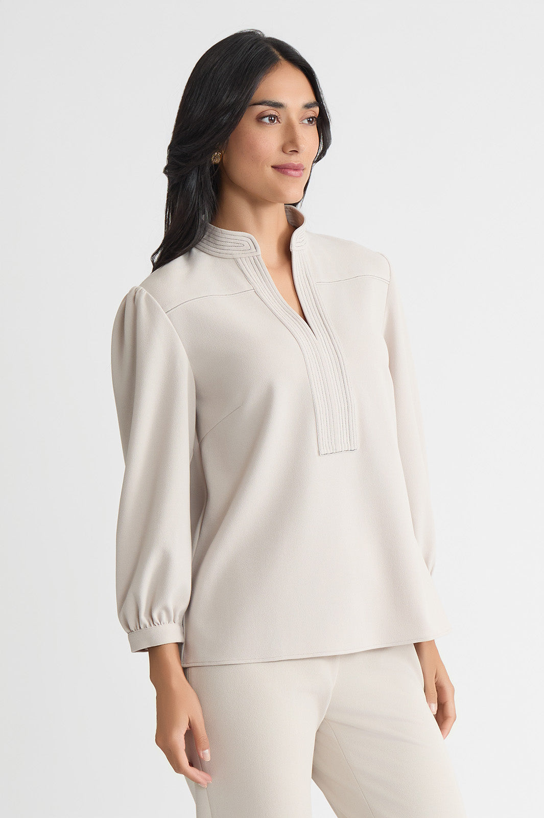 Stretch Deco Crepe Balloon Sleeve Blouse, Limestone
