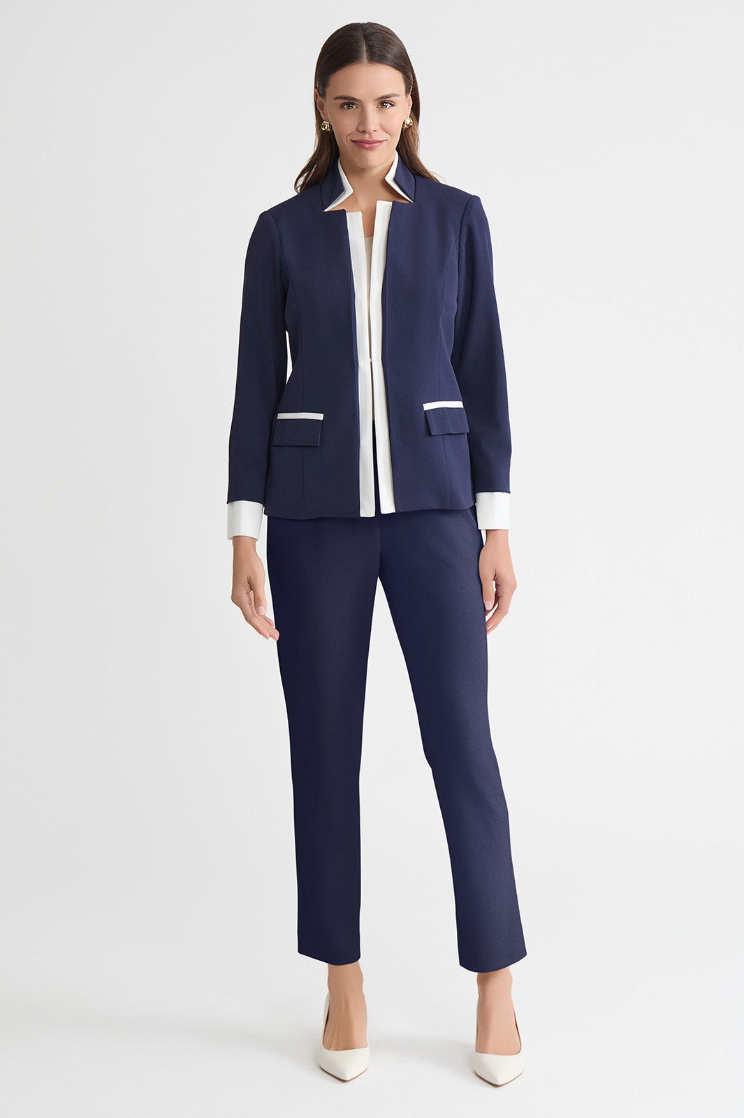 Tailored Two-Toned Stretch Deco Crepe Blazer, Indigo
