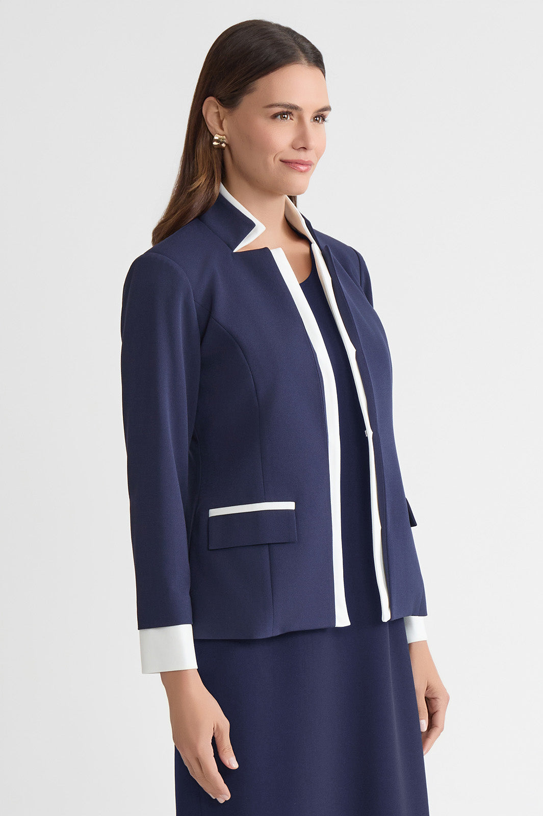 Plus Size Tailored Two-Toned Stretch Deco Crepe Blazer, Indigo
