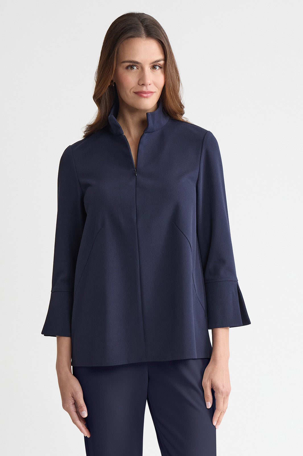 Stretch Deco Crepe Zip Front Pullover Blouse, Indigo