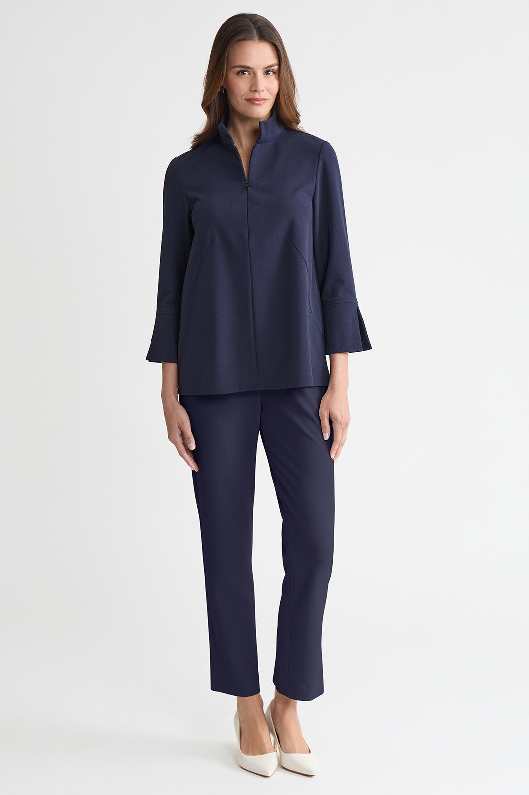 Stretch Deco Crepe Zip Front Pullover Blouse, Indigo