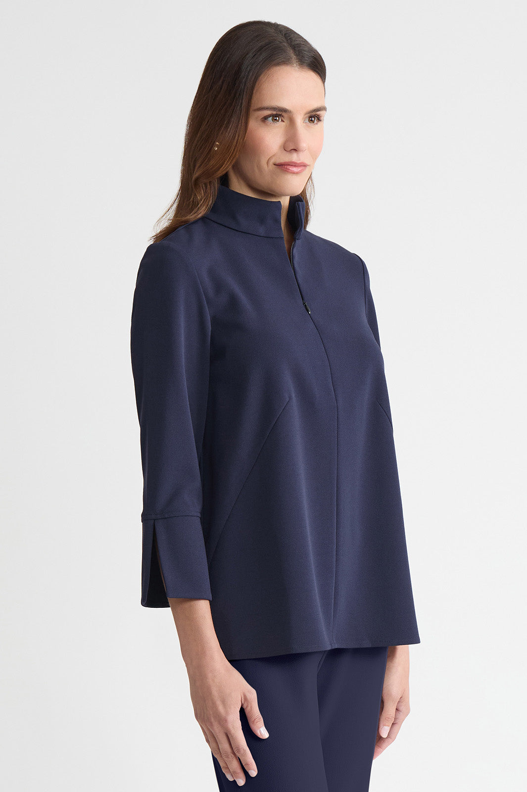 Stretch Deco Crepe Zip Front Pullover Blouse, Indigo