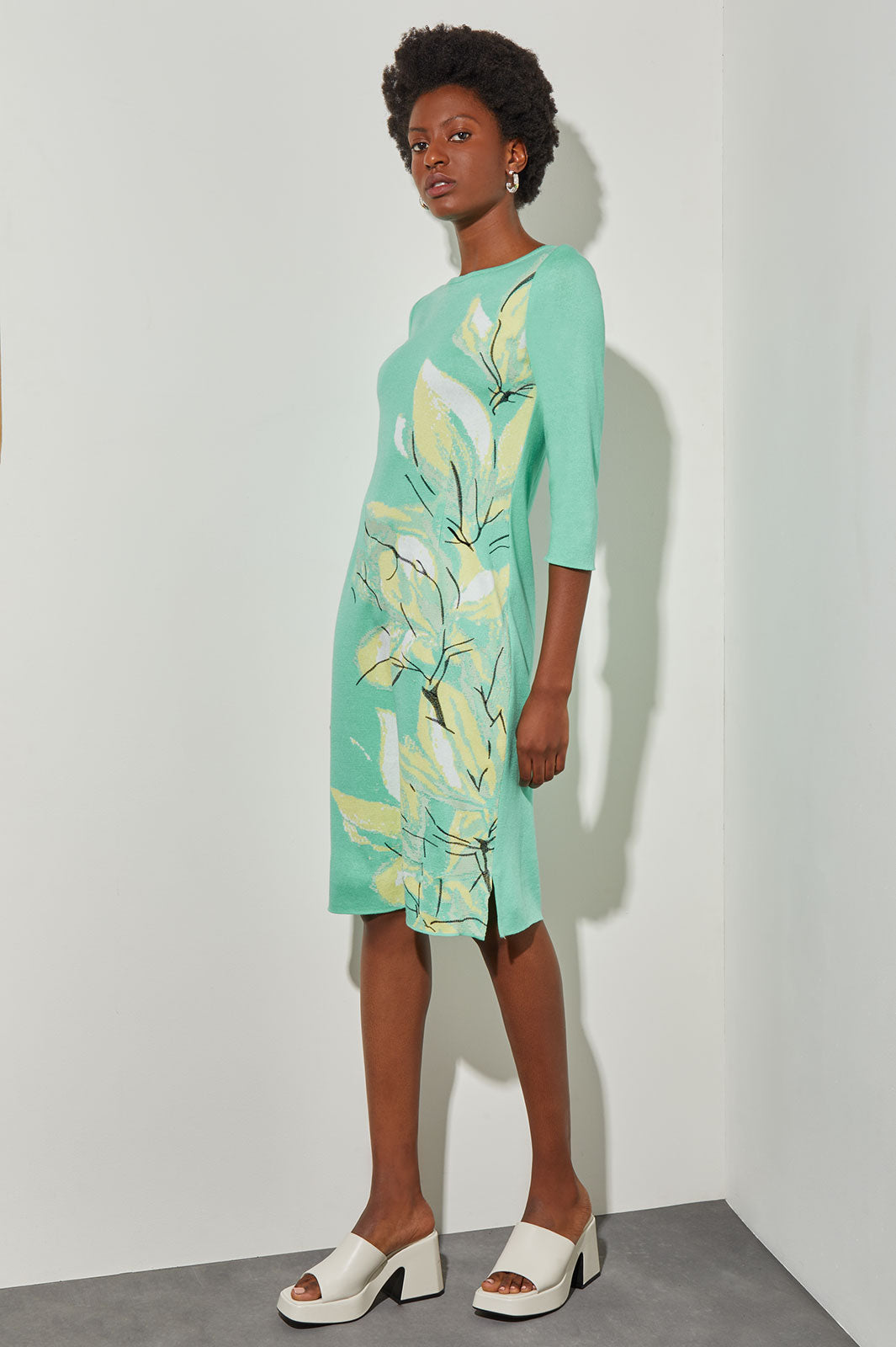 Bold Botanical Jacquard Knit Sheath Dress